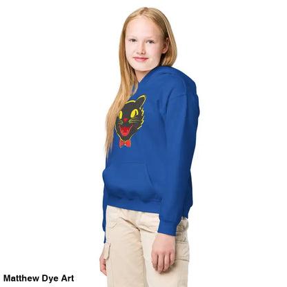 Blue heavy blend hoodie featuring a vintage cat graphic for youth comfort entwined