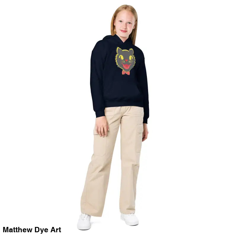 Girl’s navy heavy blend hoodie featuring a vintage cat graphic for youth comfort entwined