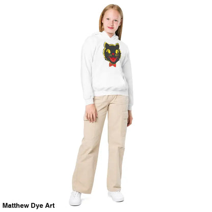 Girl in a vintage cat youth heavy blend hoodie featuring a black cat graphic