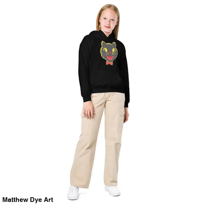 Girl wearing Little Trickster Vintage Halloween Cat Youth Hoodie with khaki pants