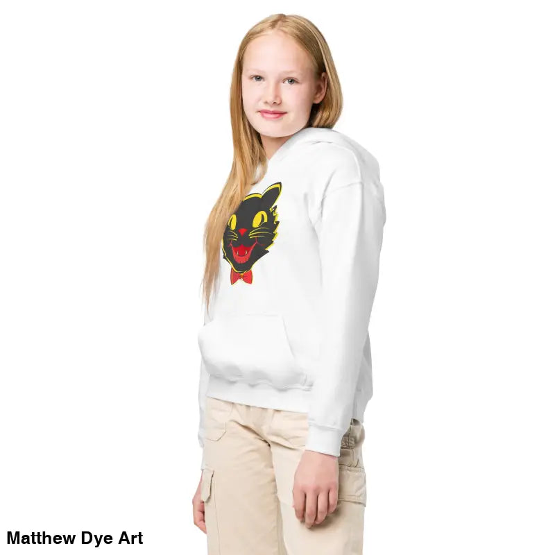 Girl’s white heavy blend hoodie featuring vintage cat graphic for ultimate comfort entwined