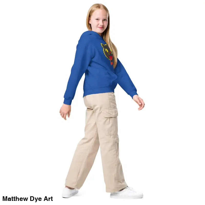 Girl wearing a blue heavy blend hoodie and khaki pants, showcasing Vintage Cat Youth design