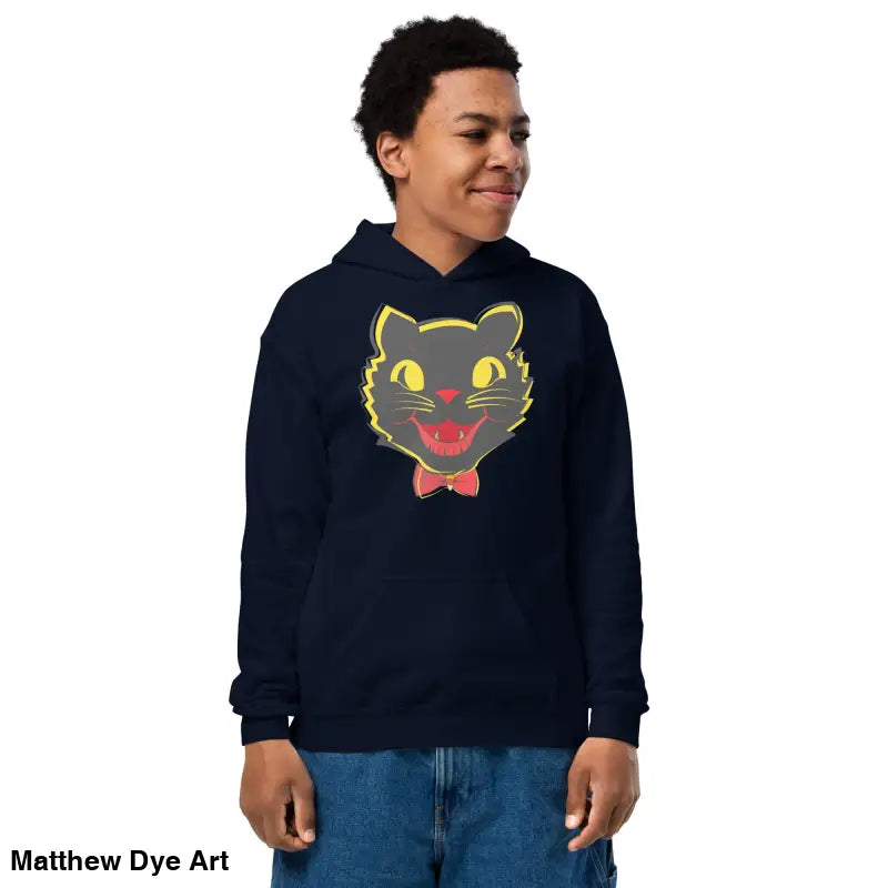 Navy vintage cat youth hoodie featuring a whimsical Halloween cat graphic for comfort entwined