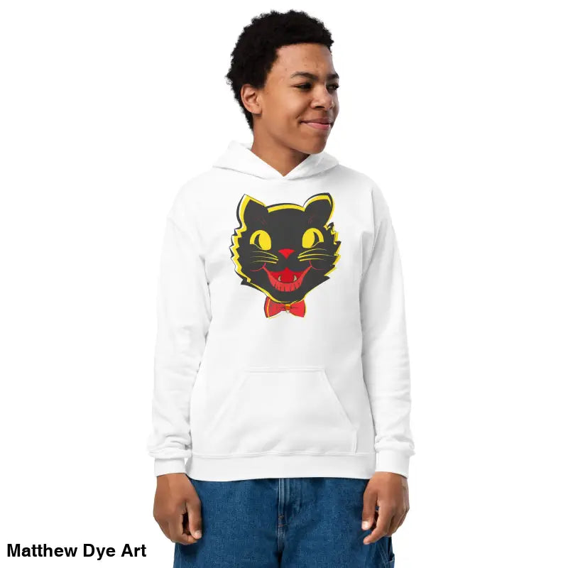 White heavy blend hoodie featuring a black cat graphic, perfect for vintage cat youth style