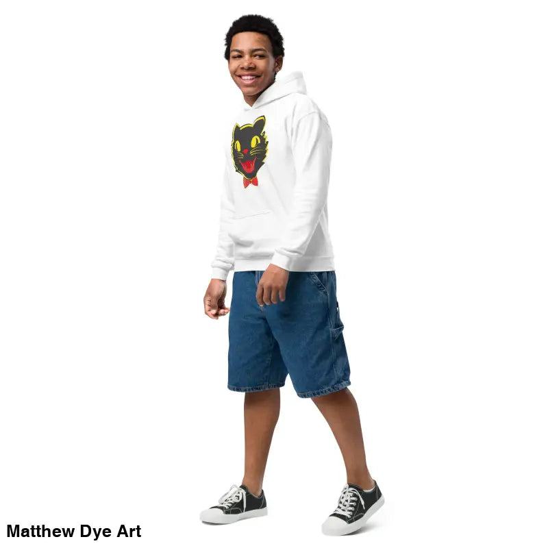 White hoodie featuring a black cat graphic, perfect for vintage cat youth style and comfort