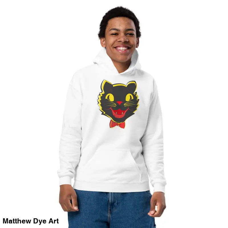 White heavy blend hoodie featuring a vintage cat graphic for youth comfort