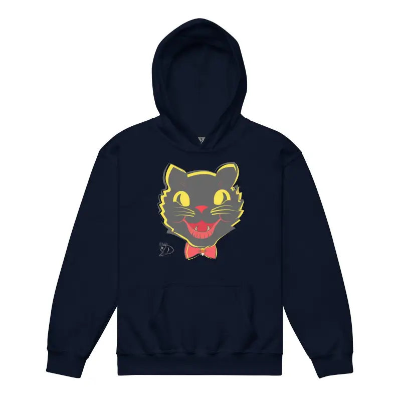 Navy blue vintage cat youth heavy blend hoodie with cartoon black cat face and bow tie