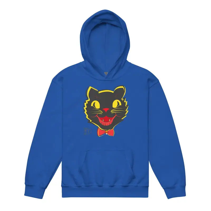 Royal blue vintage cat youth heavy blend hoodie with black cat face and red bow tie