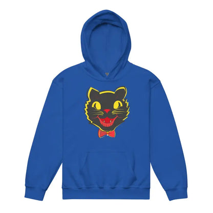 Blue heavy blend hoodie featuring a vintage cat graphic for youth comfort entwined