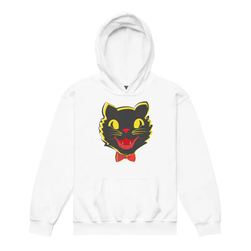 White hoodie featuring a black cat graphic, ideal for vintage cat youth enthusiasts