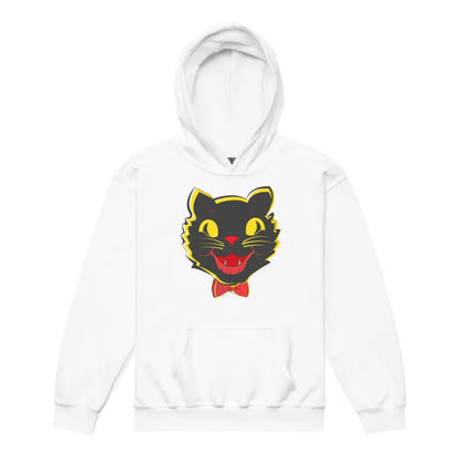 White hoodie featuring a black cat graphic, ideal for vintage cat youth enthusiasts