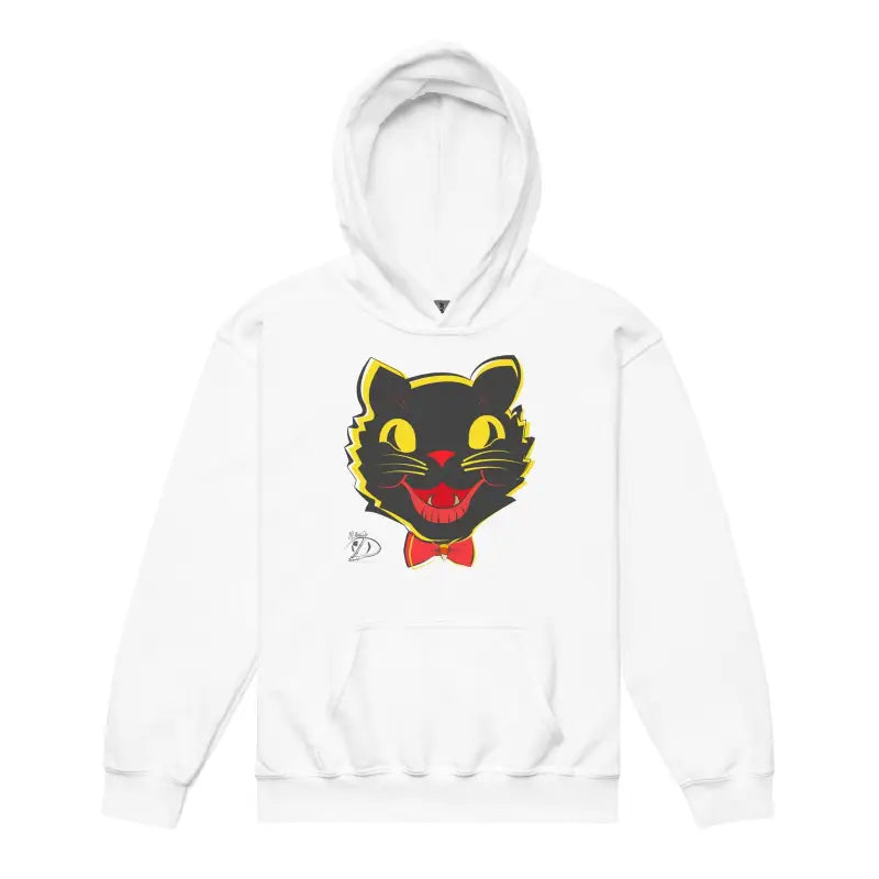 White heavy blend hoodie featuring a black cat face design with a red bow tie for vintage cat youth