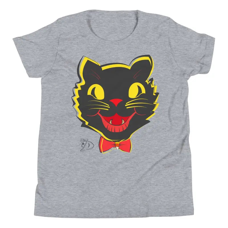 Grey ring-spun cotton t-shirt with whimsical vintage cat face for Halloween approaches