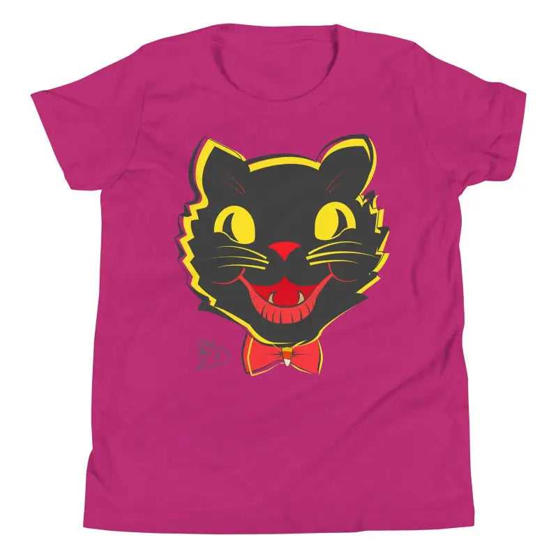 Whimsical Vintage Cat Youth T-Shirt in pink with black cat face design for Halloween approaches