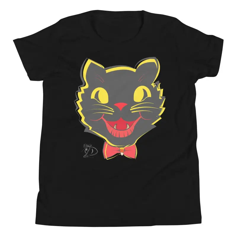 Whimsical Vintage Cat Youth T-Shirt in black, perfect for Halloween approaches