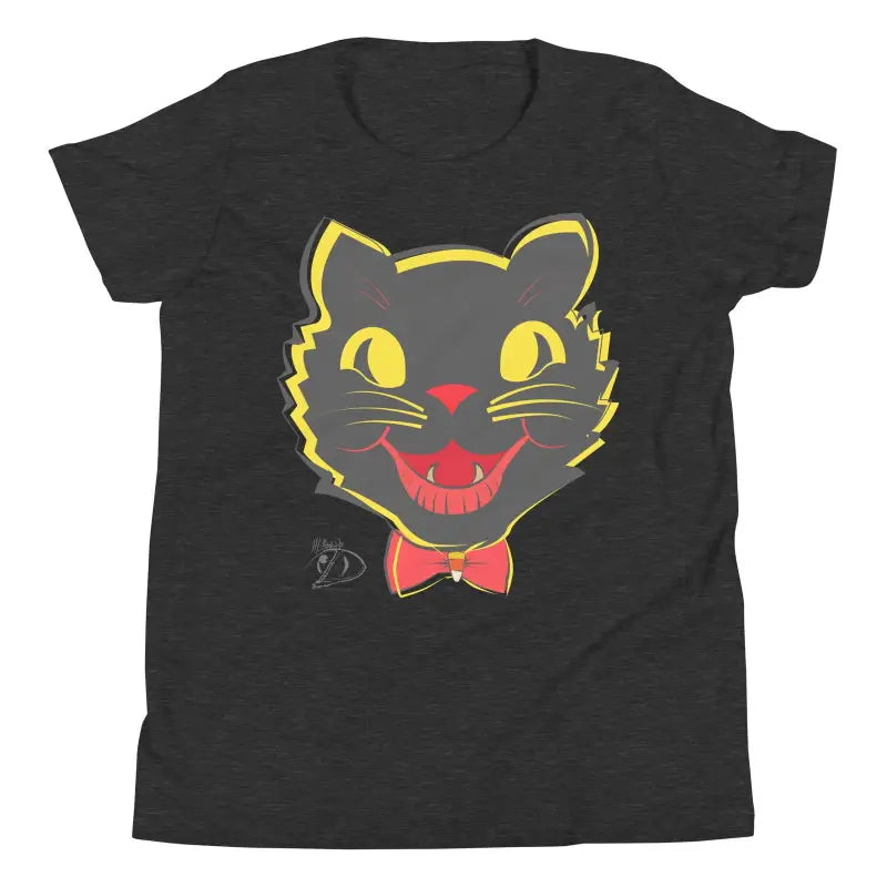 Black Whimsical Vintage Cat Youth T-Shirt in ring-spun cotton for enchanting autumn moments