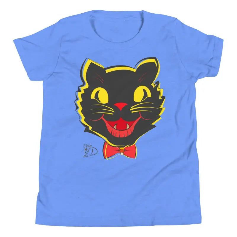 Light blue whimsical vintage cat youth t-shirt made of ring-spun cotton for Halloween approaches