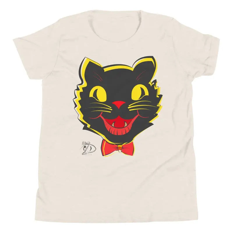 Beige whimsical vintage cat youth t-shirt with black cat face design for Halloween approaches