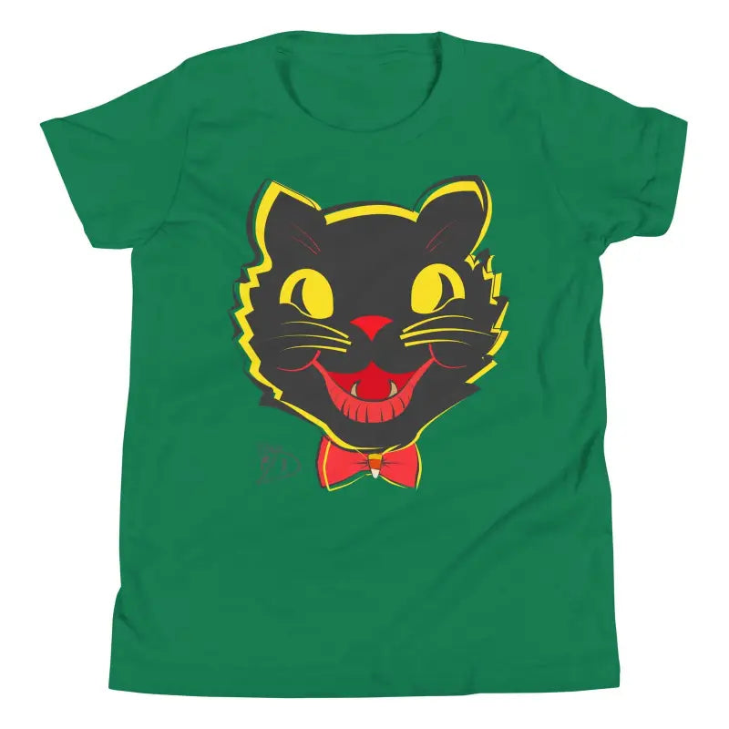 Whimsical Vintage Cat Youth T-Shirt in green with black cat face for Halloween approaches