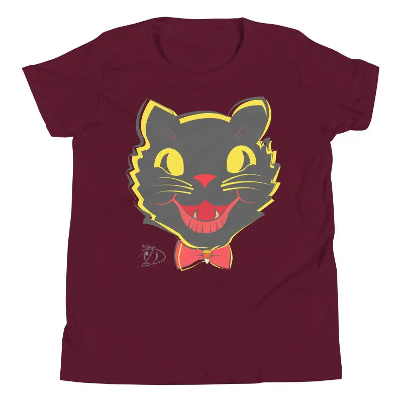 Burgundy Whimsical Vintage Cat T-Shirt with cartoon black cat face for Halloween approaches