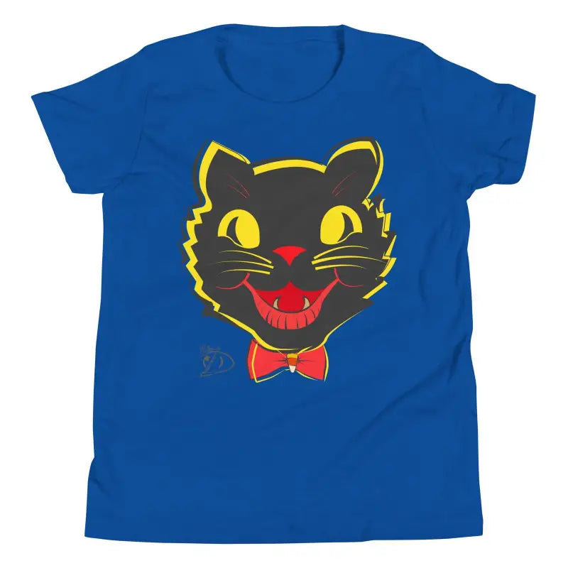 Royal blue whimsical vintage cat t-shirt with playful black cat design for Halloween approaches