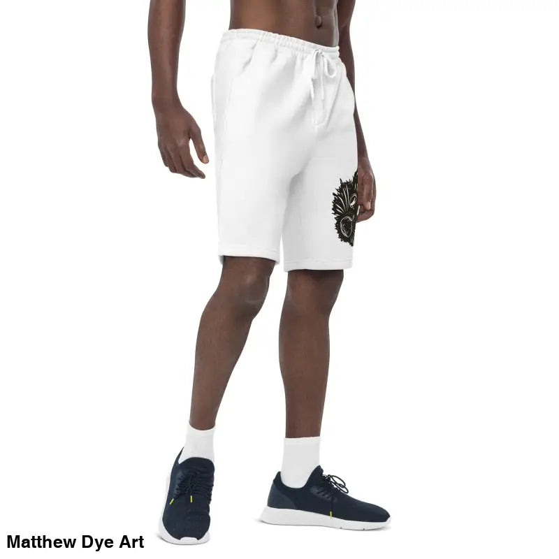 White drawstring Ah Kitty athletic fleece shorts with graphic design for Halloween