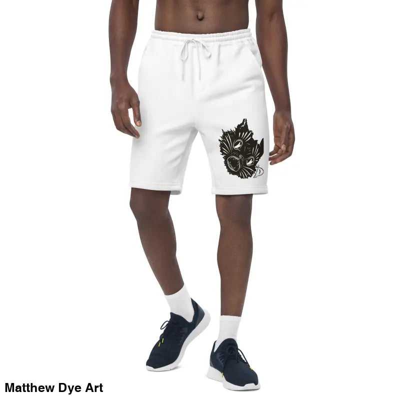 White Athletic Fleece Shorts with Black Graphic from Ah Kitty for Halloween lounging