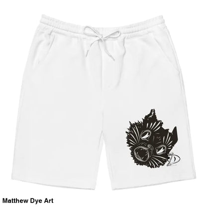 White athletic fleece shorts featuring Ah Kitty black cat graphic for Halloween