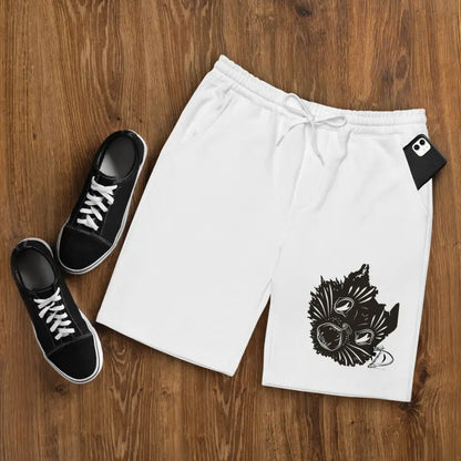 White athletic fleece shorts featuring a black graphic from Ah Kitty, perfect for Halloween