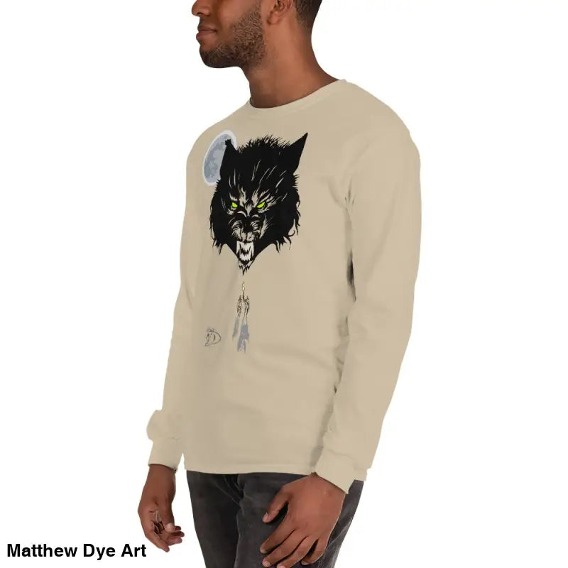 Beige Lunar Menace long-sleeve shirt featuring a werewolf with neon-green eyes