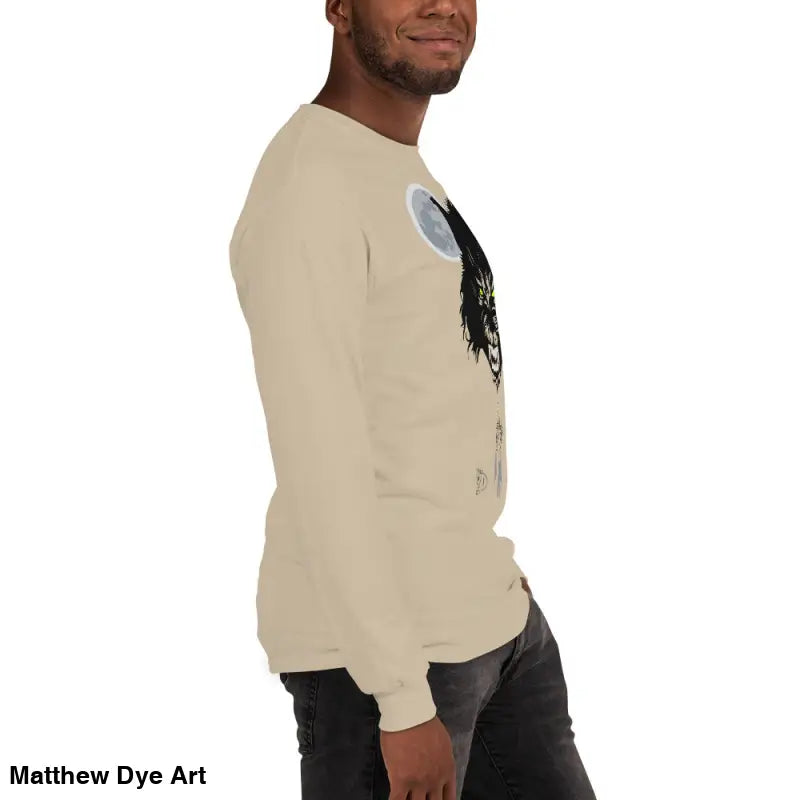 Beige long-sleeved shirt featuring a werewolf graphic and neon-green eyes for Lunar Menace
