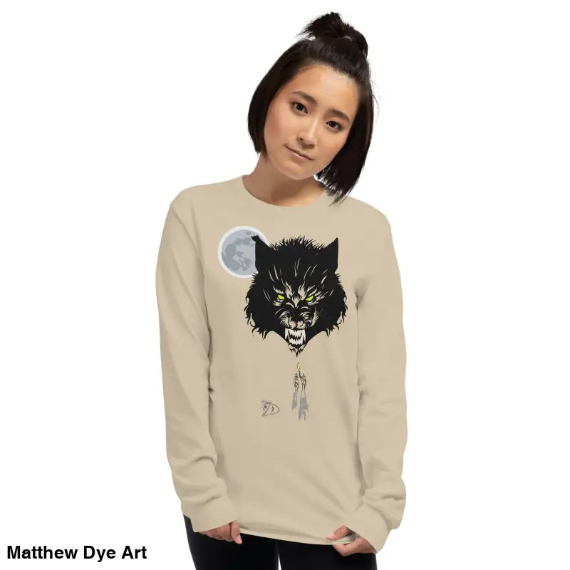 Beige long-sleeved shirt featuring a werewolf graphic with neon-green eyes, Lunar Menace Long-Sleeve
