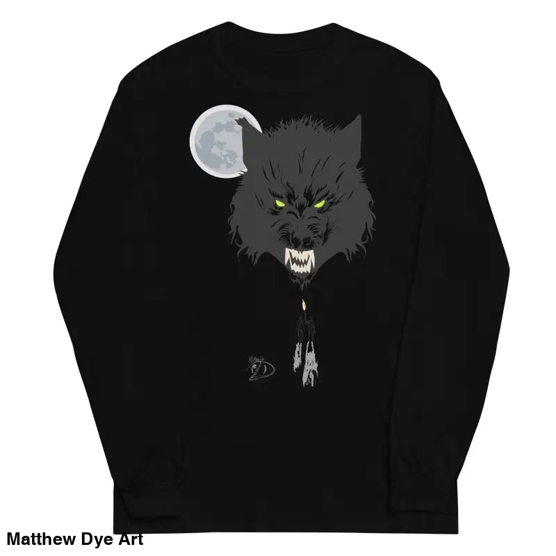 Black long-sleeved shirt featuring werewolf graphic with neon-green eyes, Lunar Menace Long-Sleeve