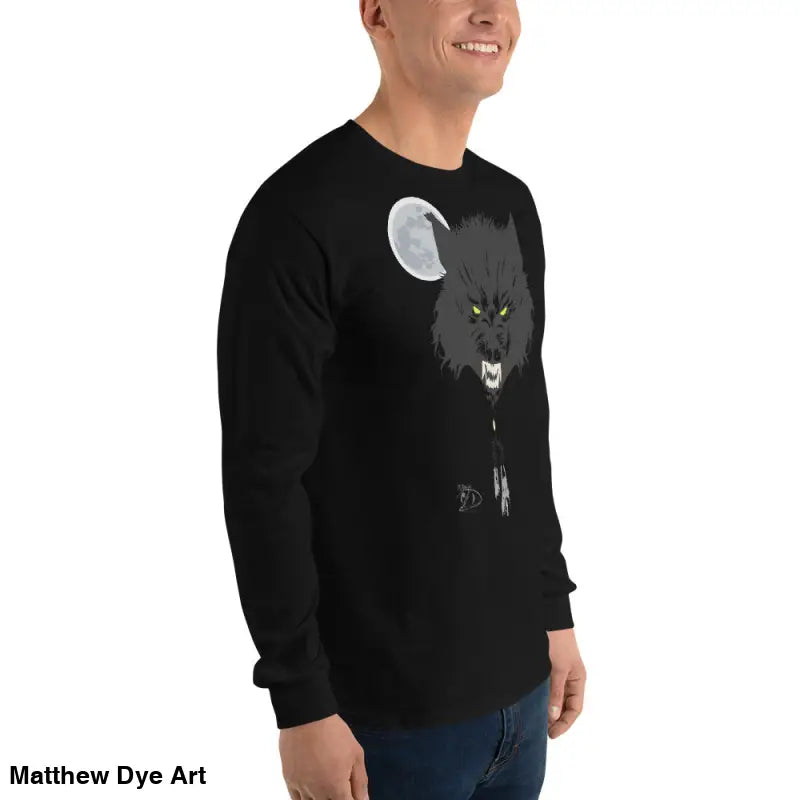 Black long-sleeved shirt featuring a werewolf graphic with neon-green eyes, Lunar Menace design