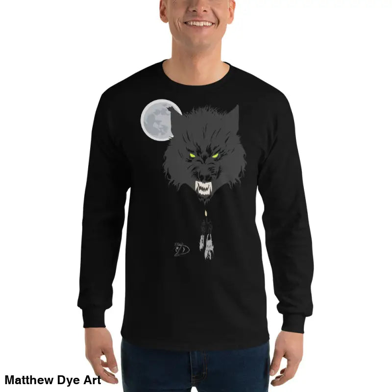 Black long-sleeved Lunar Menace tee featuring werewolf graphic with neon-green eyes