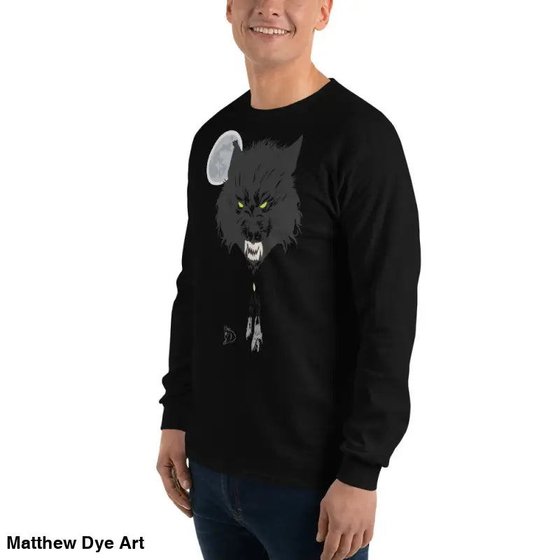 Black long-sleeved shirt featuring a werewolf graphic with neon-green eyes, Lunar Menace