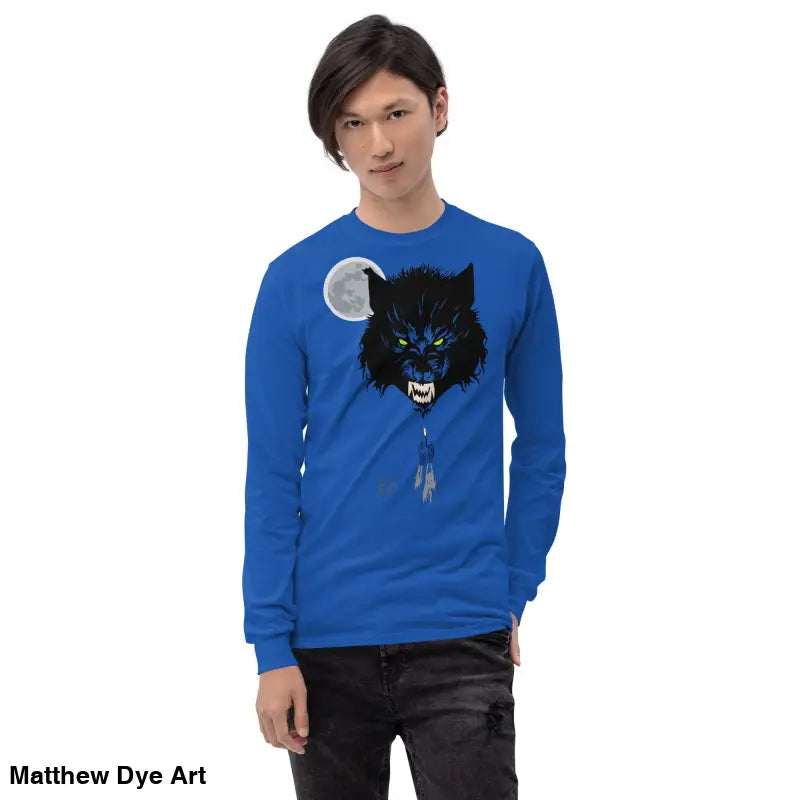 Blue Lunar Menace Long-Sleeve Tee featuring a werewolf graphic with neon-green eyes