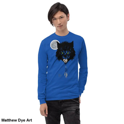 Blue Lunar Menace Long-Sleeve Tee featuring a werewolf graphic with neon-green eyes