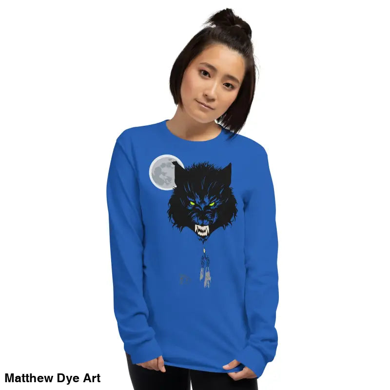 Blue Lunar Menace long-sleeve shirt featuring a werewolf graphic and neon-green eyes