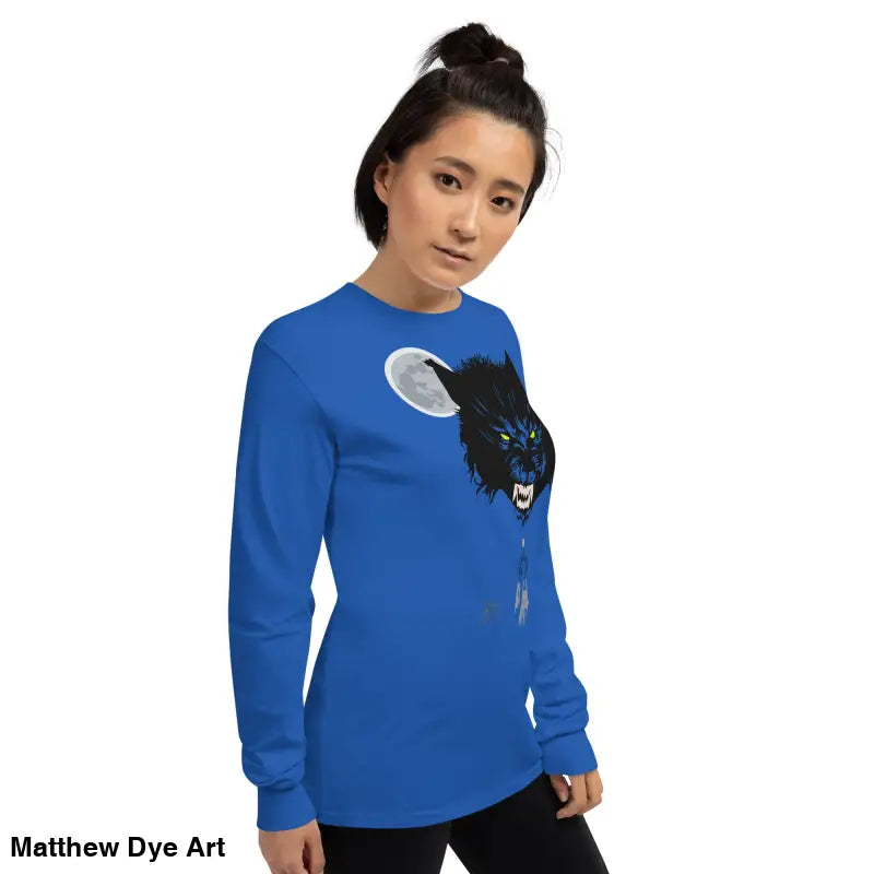 Blue Lunar Menace long-sleeve shirt featuring a werewolf graphic with neon-green eyes