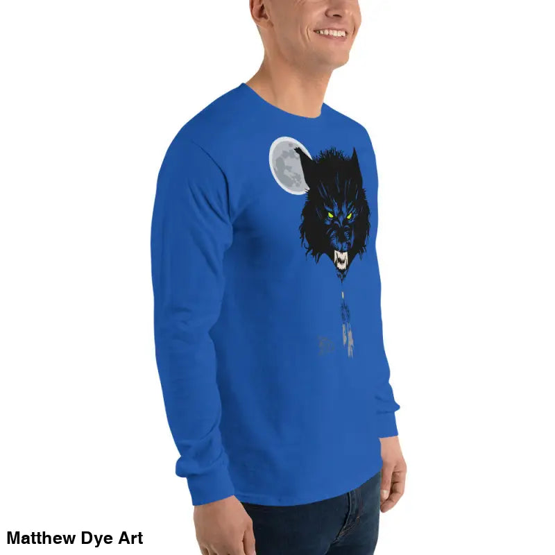 Blue Lunar Menace long-sleeve shirt featuring a werewolf graphic with neon-green eyes