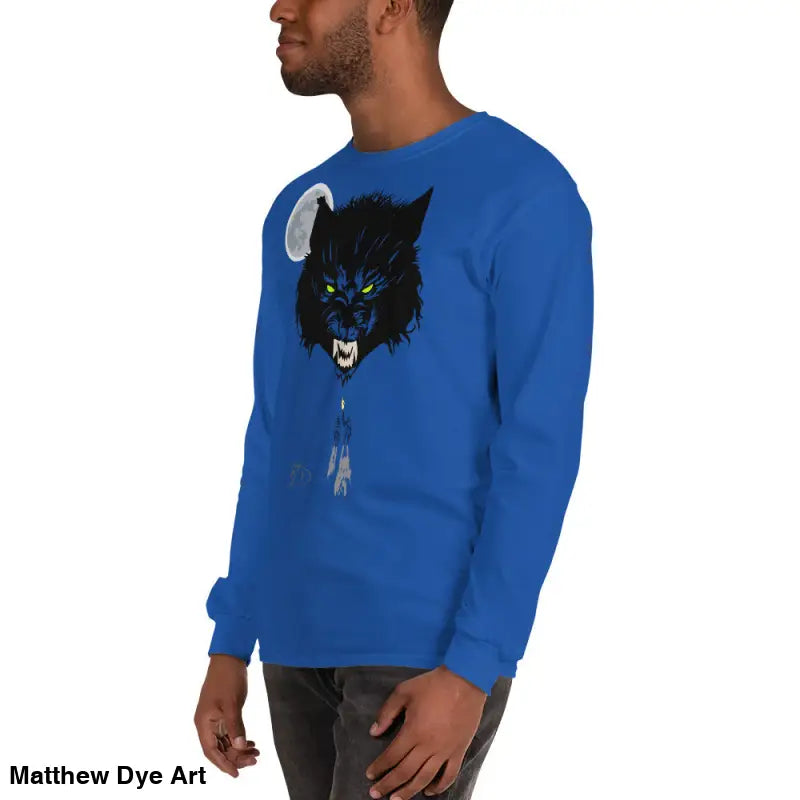 Blue Lunar Menace long-sleeve shirt featuring a werewolf graphic with neon-green eyes
