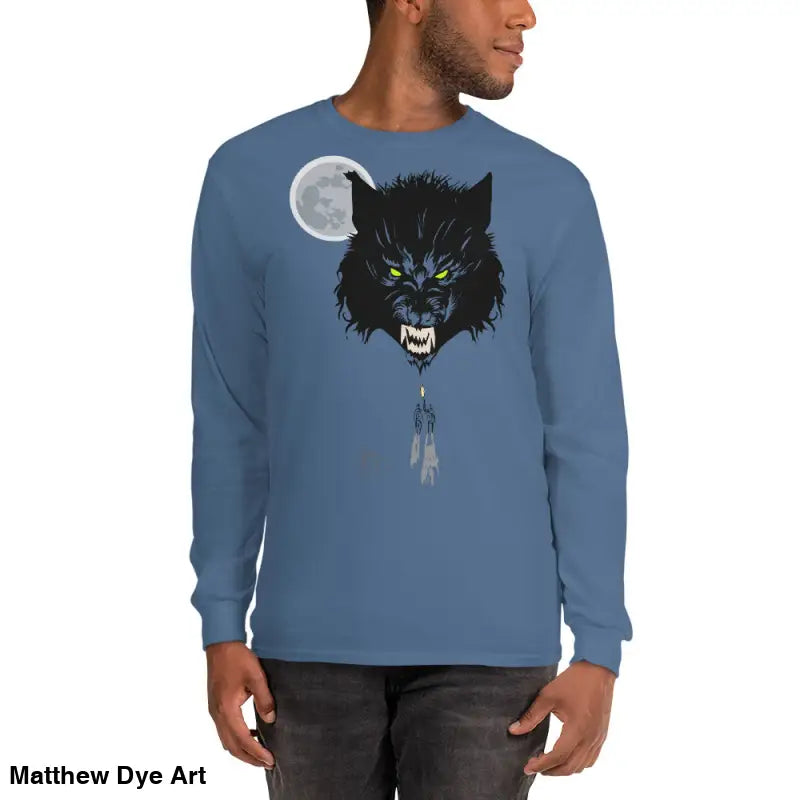 Blue Lunar Menace long-sleeve shirt featuring a werewolf graphic with neon-green eyes