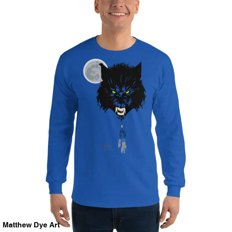 Blue Lunar Menace long-sleeve shirt featuring a werewolf graphic with neon-green eyes