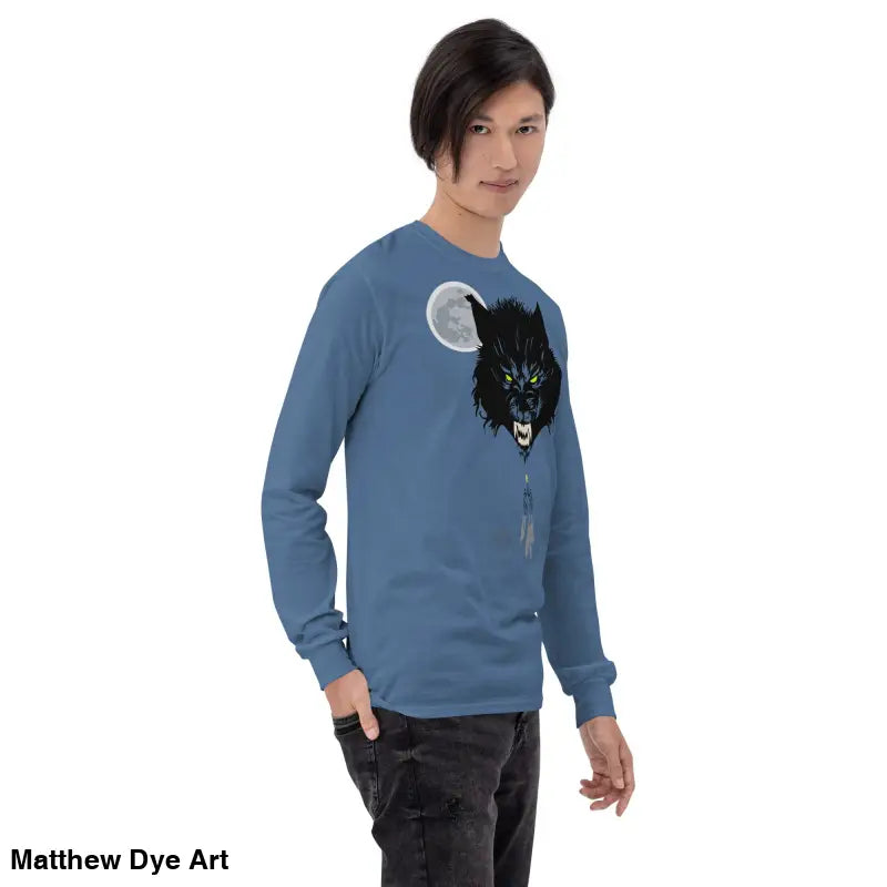 Blue long-sleeved shirt featuring a werewolf graphic with neon-green eyes, Lunar Menace Long-Sleeve