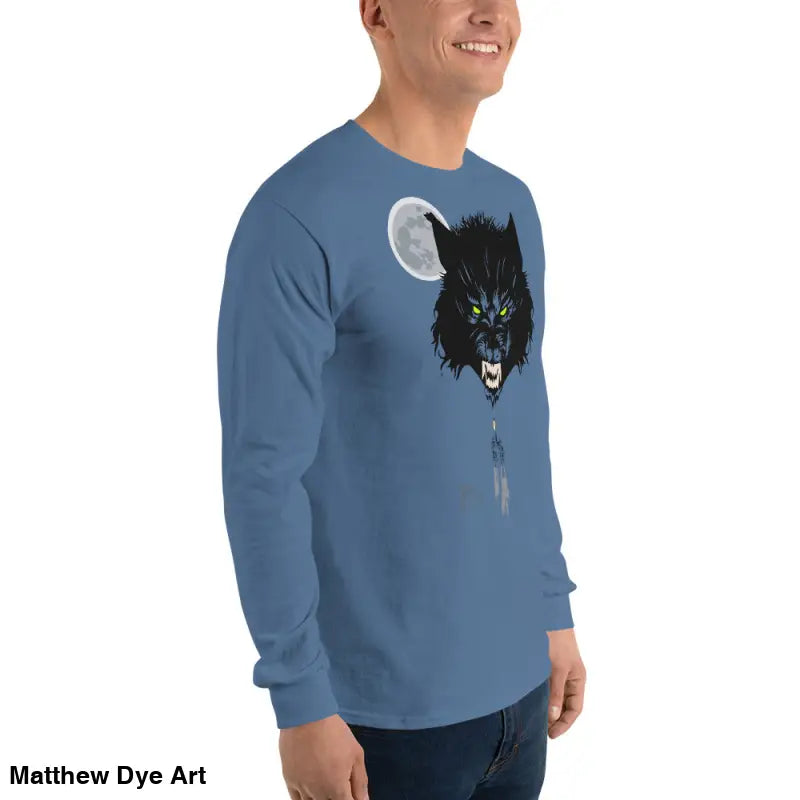 Blue long-sleeved shirt featuring a Werewolf design with neon-green eyes for Lunar Menace