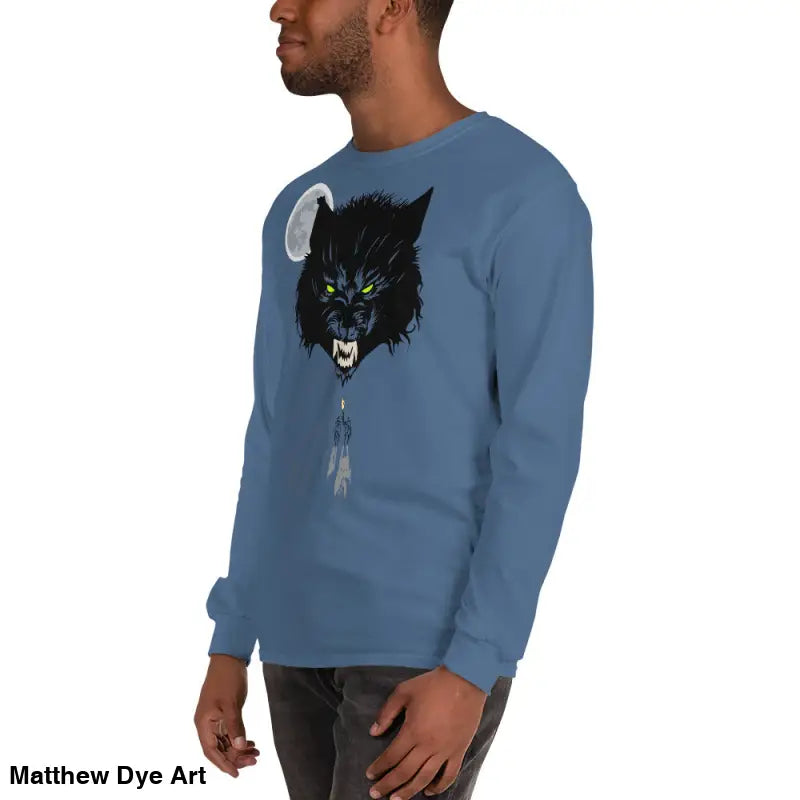 Blue long-sleeved shirt with werewolf graphic and neon-green eyes, a Lunar Menace long-sleeve