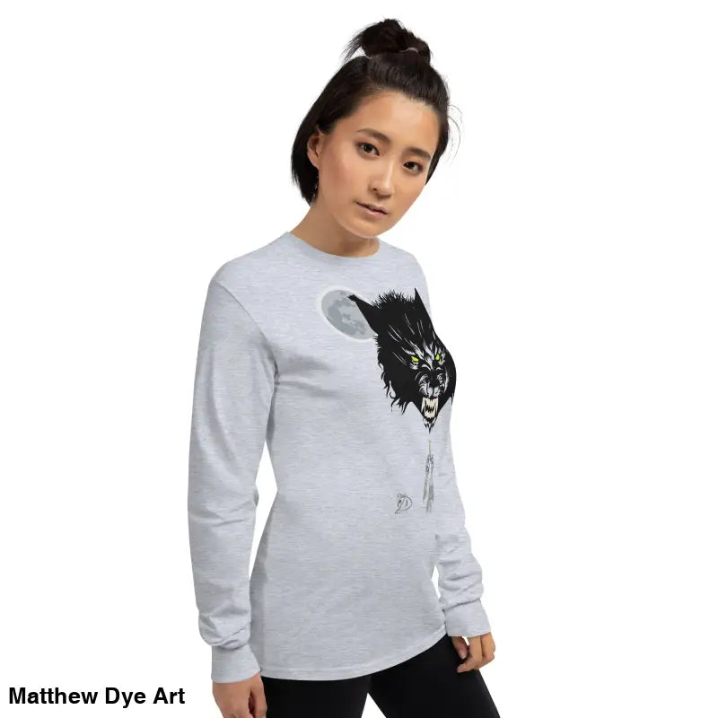 Gray long-sleeved shirt featuring werewolf graphic with neon-green eyes, Lunar Menace Long-Sleeve