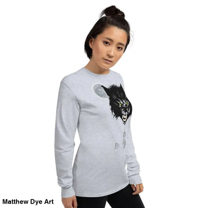 Gray long-sleeved shirt featuring werewolf graphic with neon-green eyes, Lunar Menace Long-Sleeve