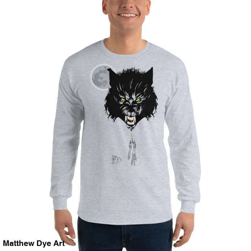 Gray long-sleeved shirt with a werewolf graphic and neon-green eyes, Lunar Menace Long-Sleeve
